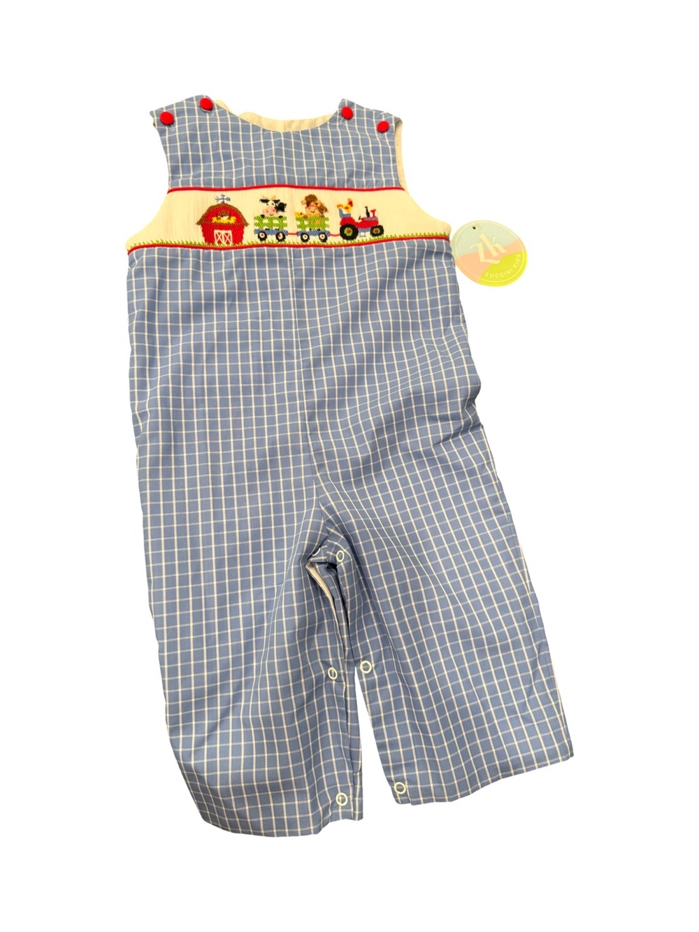 NWT Ziccini Kids 18 month Blue Check Farm Train Hand Smocked Boys' Romper